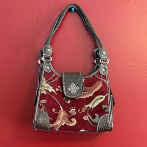 Elegant Brown and Red Women's Tapestry and Faux Leather Handbag